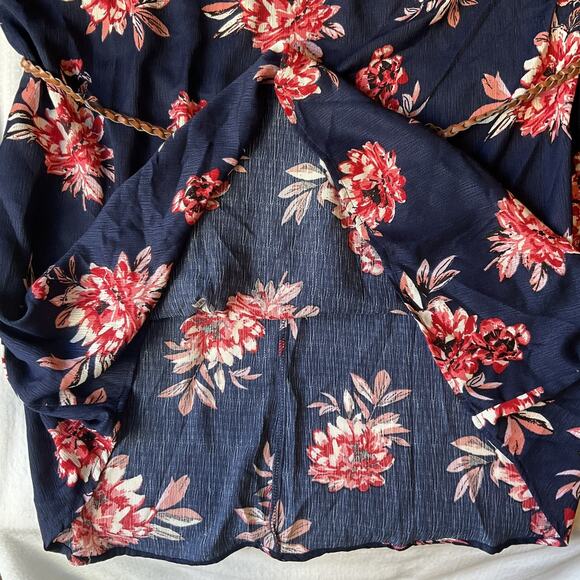 Paper Tee Women Dress 2X Navy Floral A-Line Belted Short Sleeve Off Shoulder - Picture 8 of 11